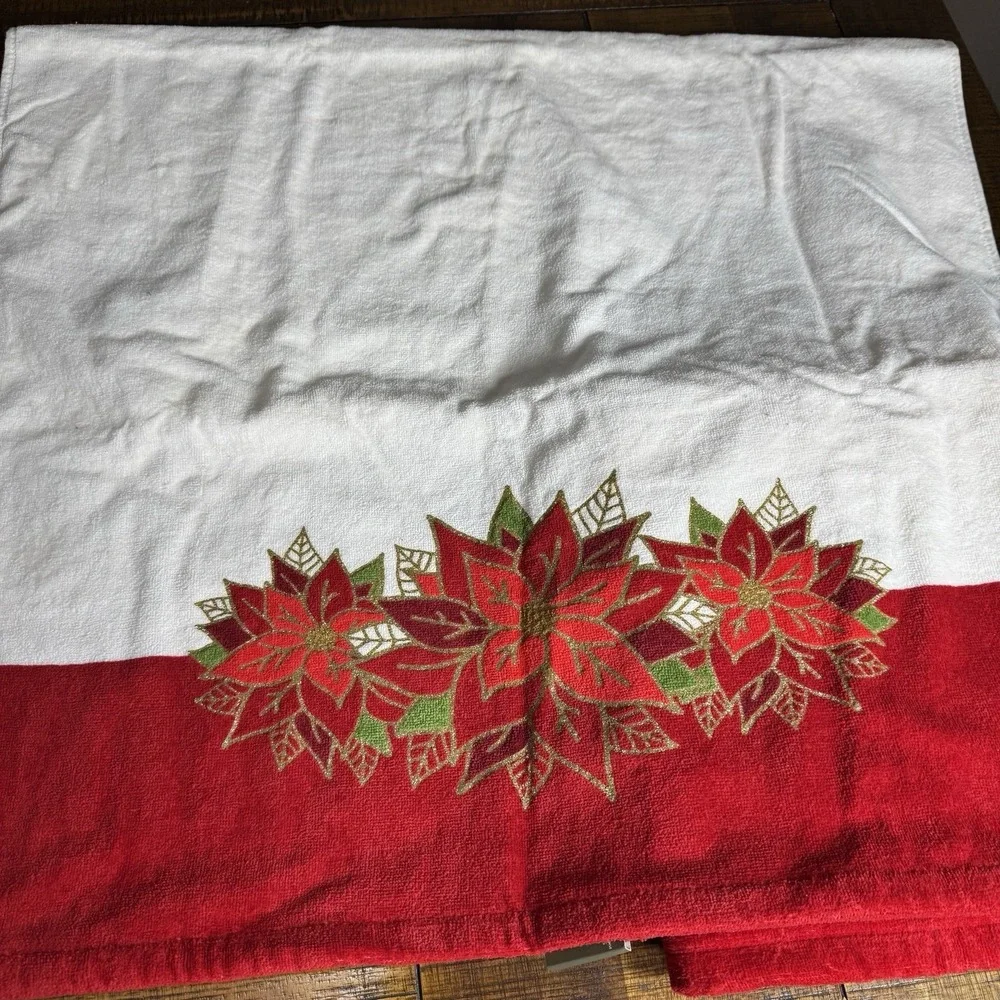 Vtg NOS‎ 90's Merry Christmas Poinsettia Holiday Bath Towels 2pc Set OEKO-TEX